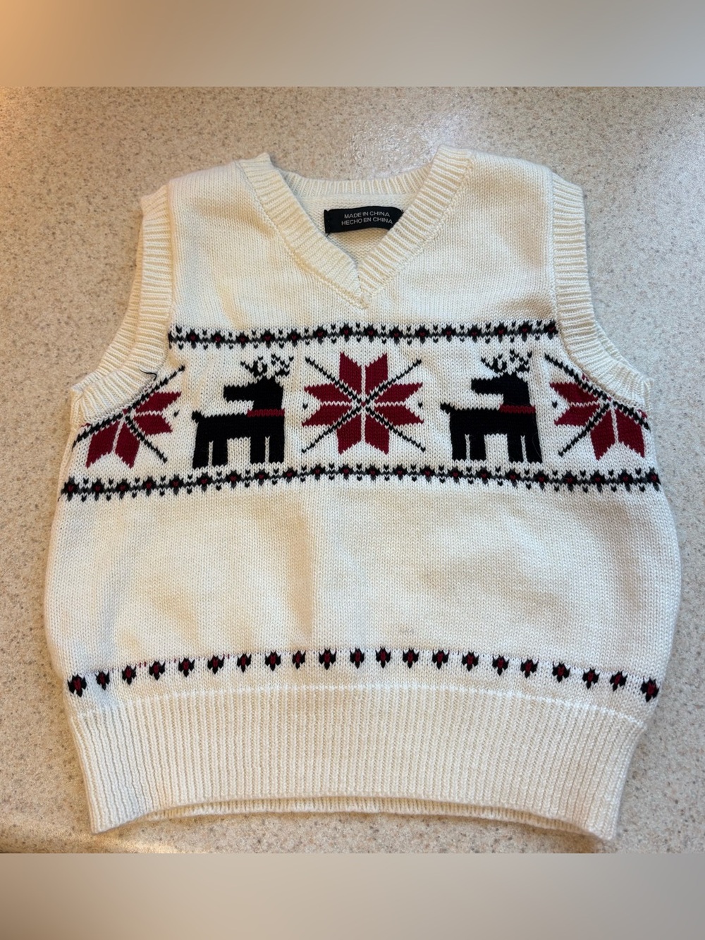 Boys Cream Knit Vest Sweater with Red & Black Fair Isle Pattern